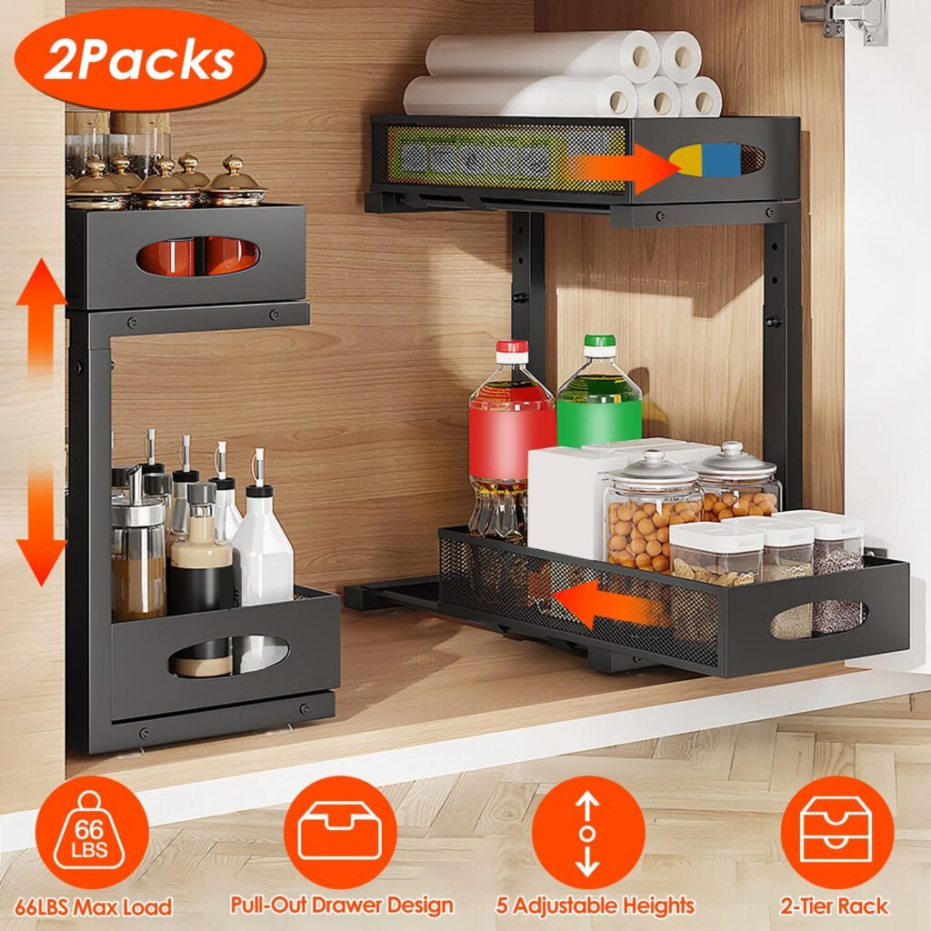 under sink organizer 2 pack sliding baskets, 5 height settings