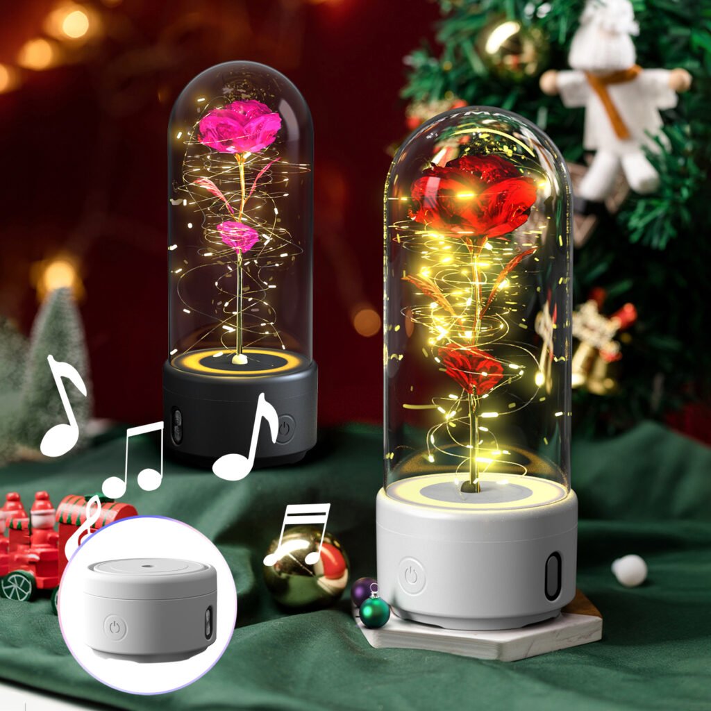 rose light & bluetooth speaker in glass dome 2 in 1 gift