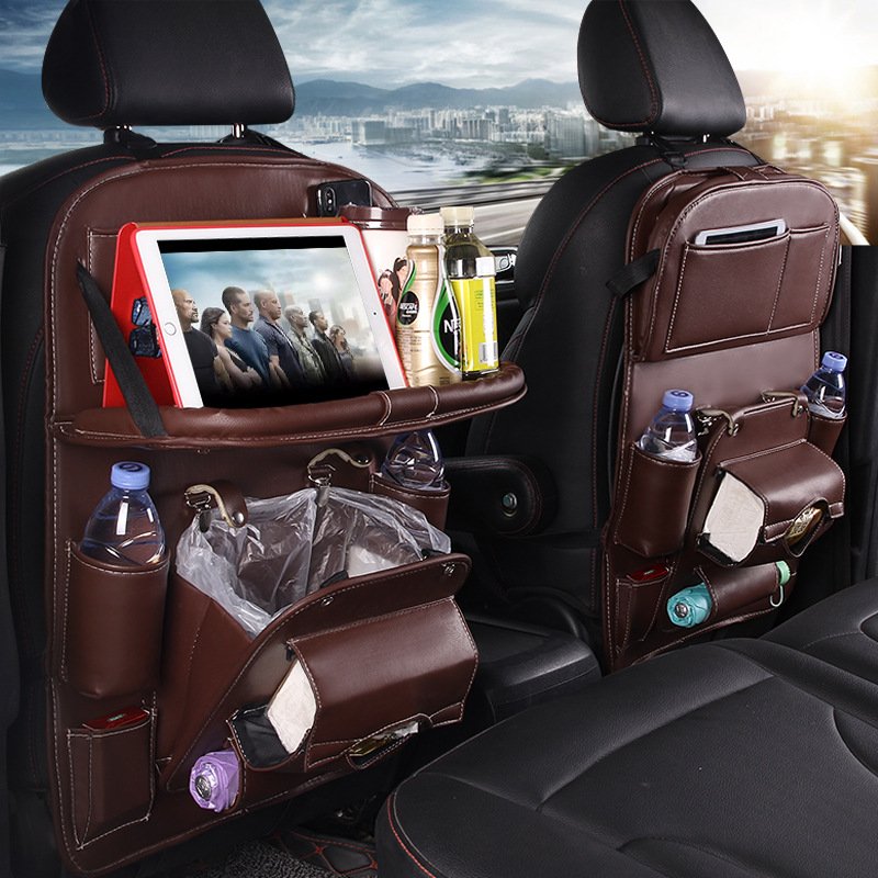 car seat back organizer pu leather with fold down tray