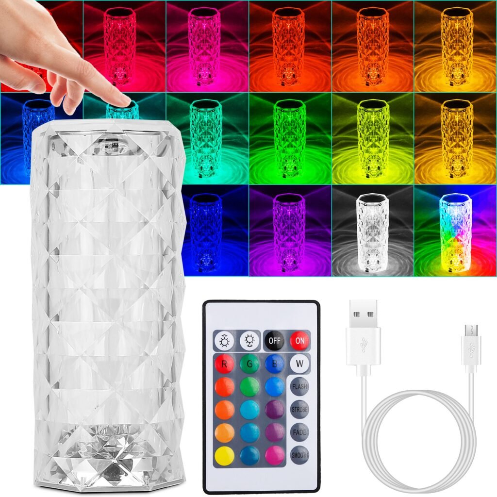crystal rose table lamp 16 colors, touch & remote control