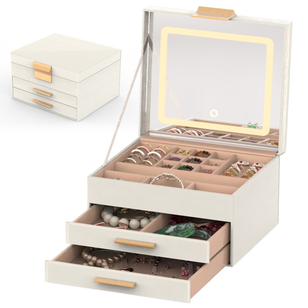 led mirror jewelry box 3 layers, lights up when you open it
