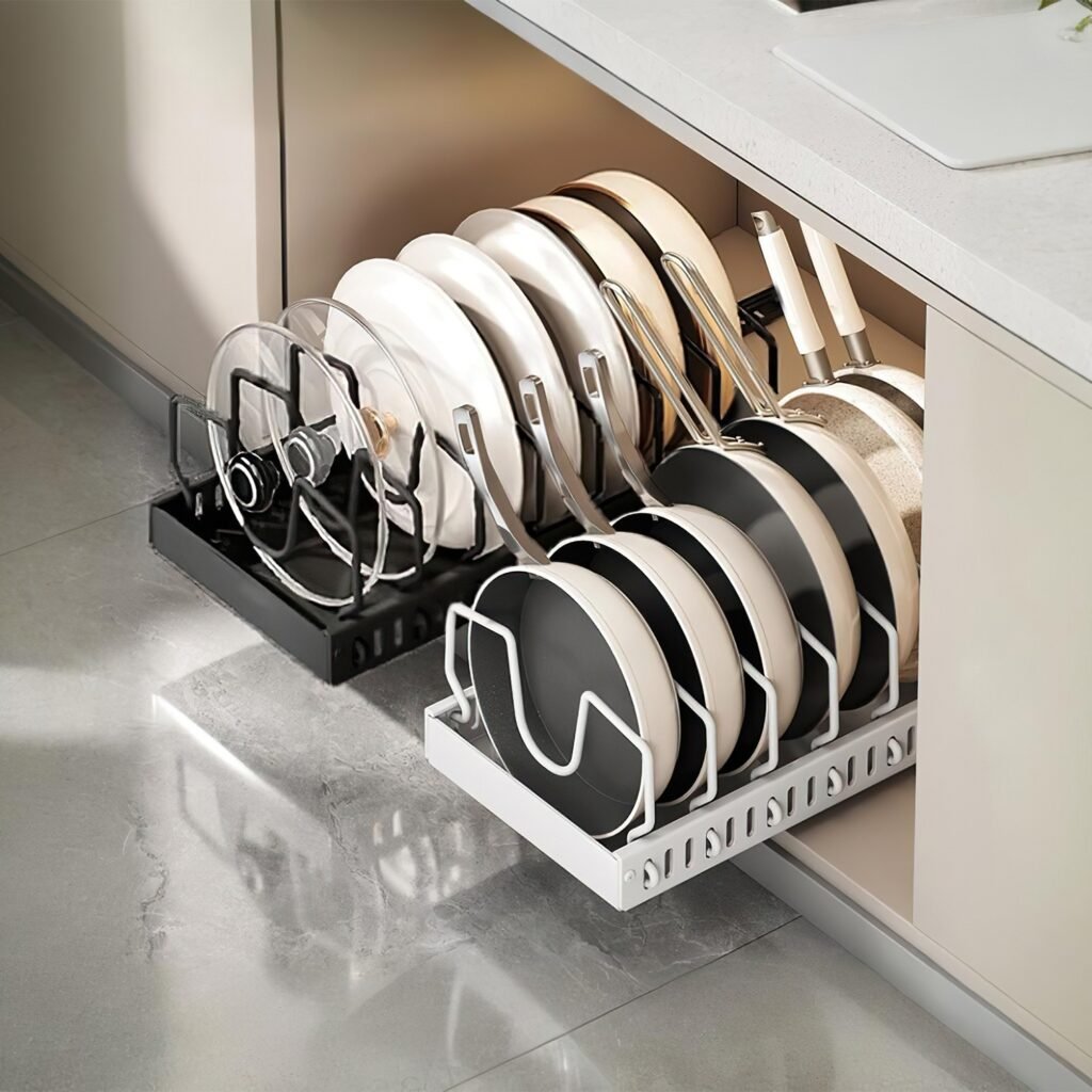 pull out pots & pans organizer 8 adjustable dividers