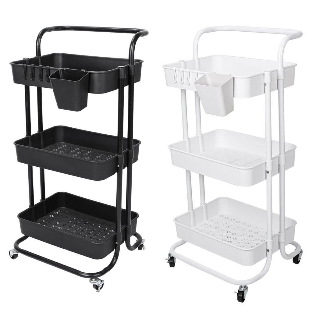 3 tier rolling utility cart locking wheels & side hooks