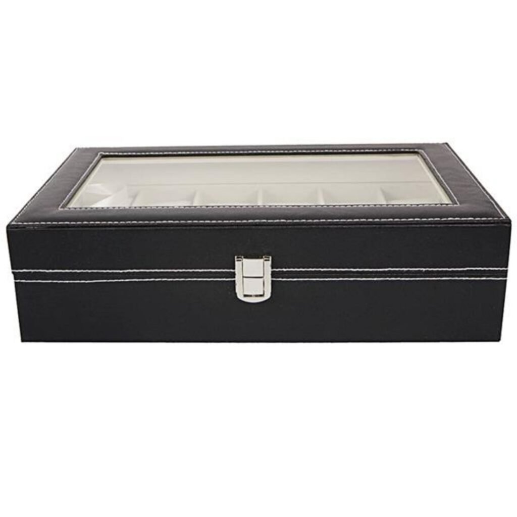 12 slot watch display case leather box with glass lid