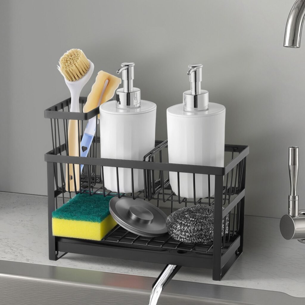 kitchen sink caddy sponge, brush & soap holder that drains itself
