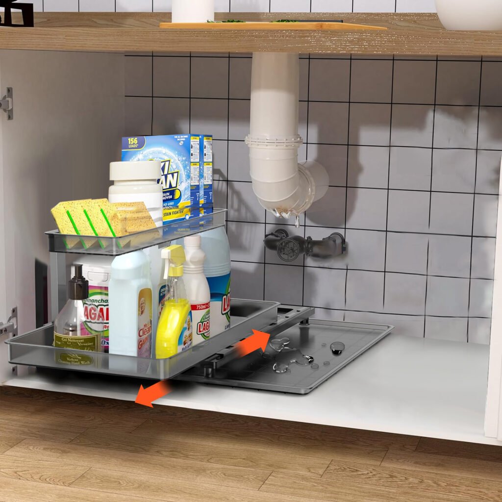 l shaped pull out under sink organizer 2 tiers, fits around pipes
