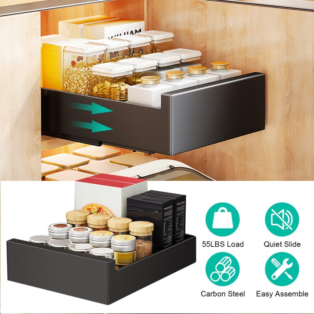slide out cabinet drawer quiet rails, matte black steel