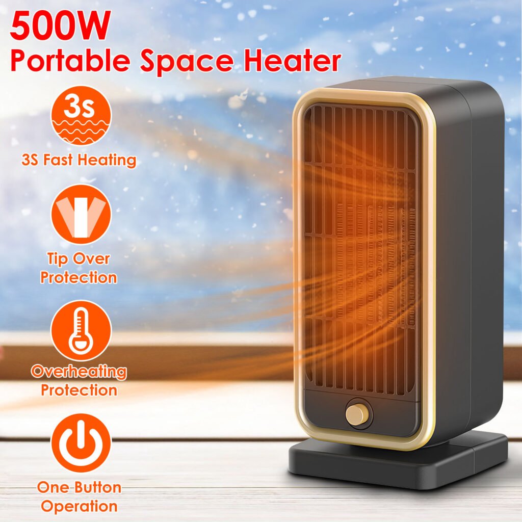 500w ceramic space heater tip over & overheat protection
