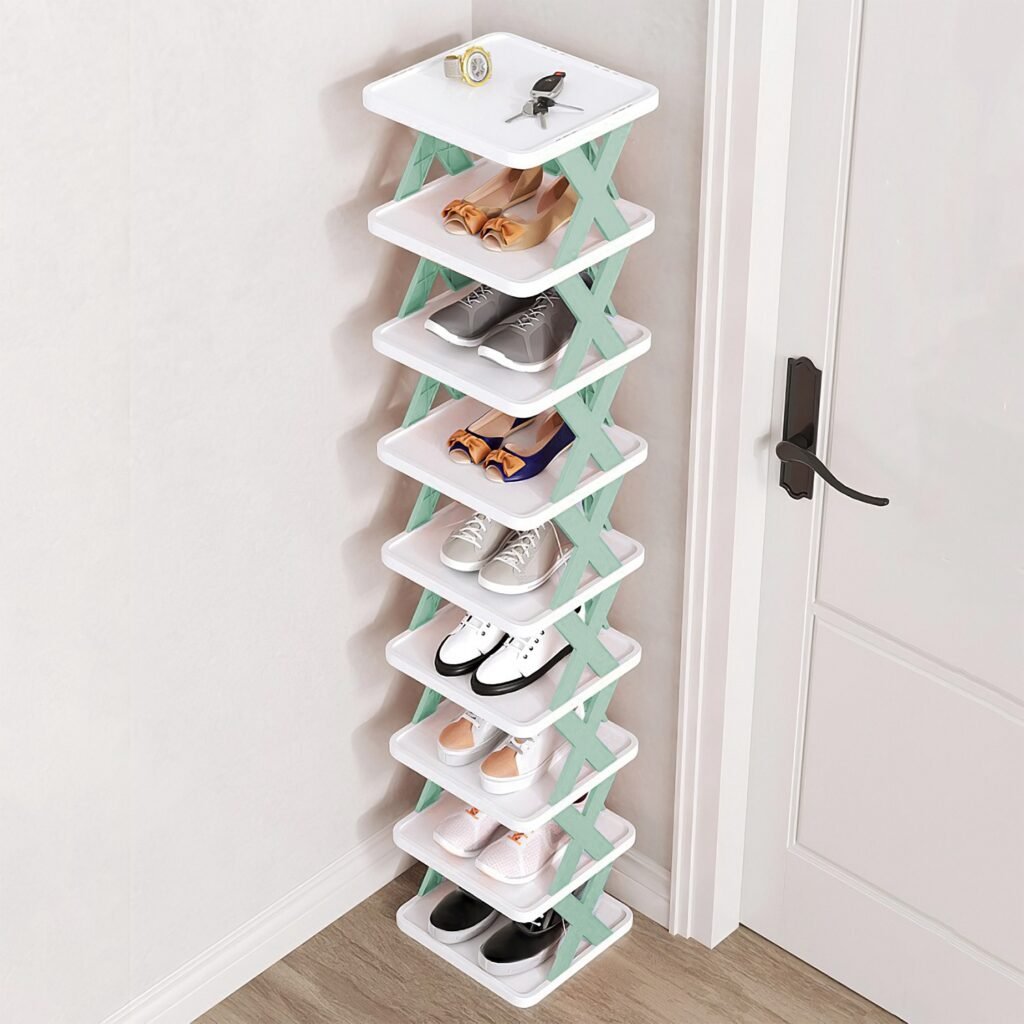 9 tier narrow shoe rack holds 18 pairs in 1 foot of floor